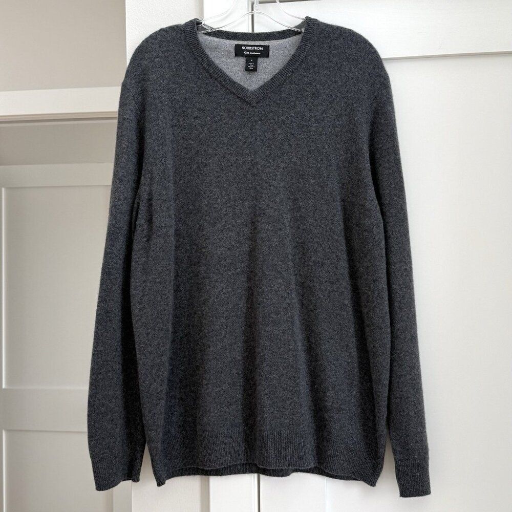Nordstrom 100% Cashmere Sweater Mens Large Gray Heather V-Neck Pullover Classic